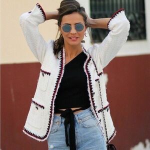 Kilky Paris tweed blazer white tweed blazer red and black detail